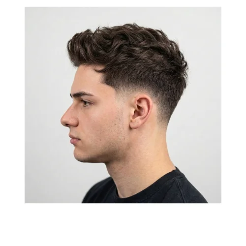 Low taper fade messy front hairstyle with textured hair lifted at the front and a clean taper fade around the ear for a modern men’s haircut.