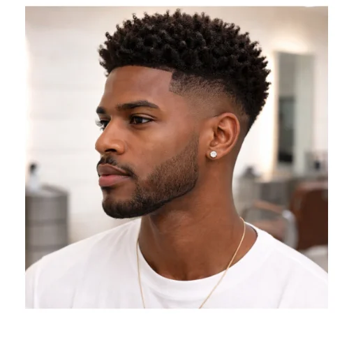 Side view of a young man with a mid taper fade and an afro, featuring clean faded sides and a rounded, voluminous afro on top.