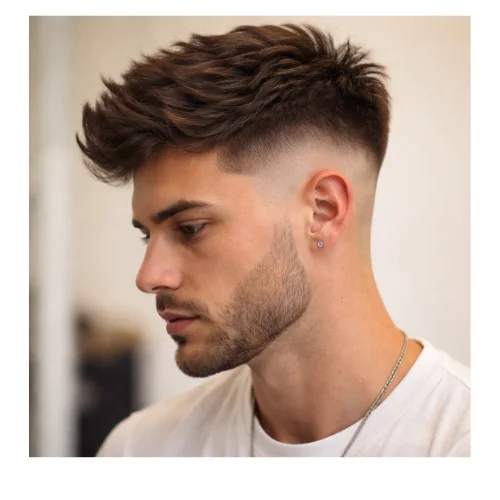 Side image of young man with a mid taper fade and a textured top, featuring clean faded sides and defined, layered hair for a modern look.