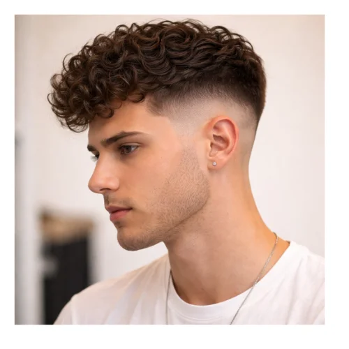 Young man with a mid taper fade and curly hair on top, featuring clean faded sides and well-defined natural curls for a stylish look.