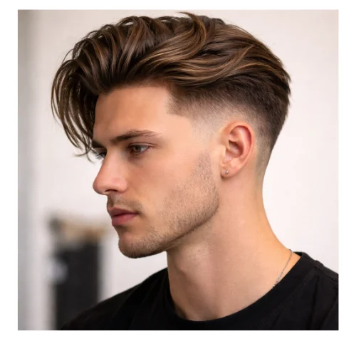 Young man with long hair on top and a mid fade, featuring clean blended sides and flowing length for a stylish contrast.