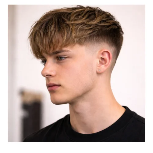 Young man with a mid taper fade and a fringe, featuring clean faded sides and a forward-styled fringe for a trendy look.