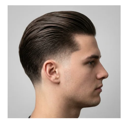 Mid fade with slick back hairstyle, smooth and modern men's haircut with clean faded sides