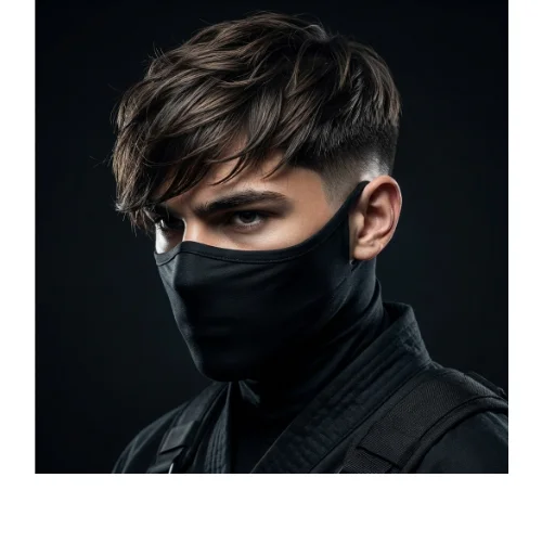 Man with a fringe hairstyle on top and a clean low taper fade on the sides, inspired by a ninja-style look for a modern appearance.