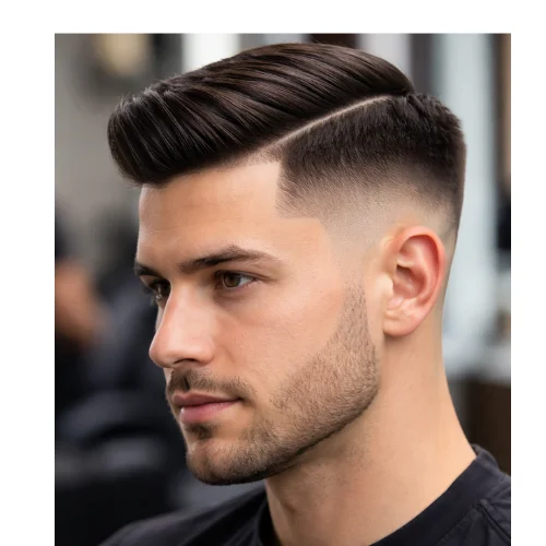 Mid taper fade with side part hairstyle, clean and structured men's haircut with defined part