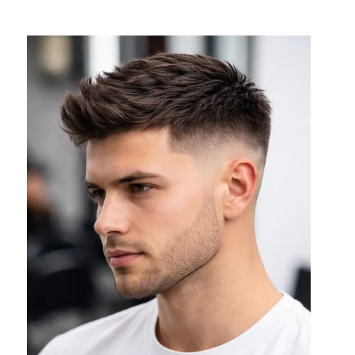 Mid low taper fade with blowout hairstyle, voluminous textured hair with clean tapered sides
