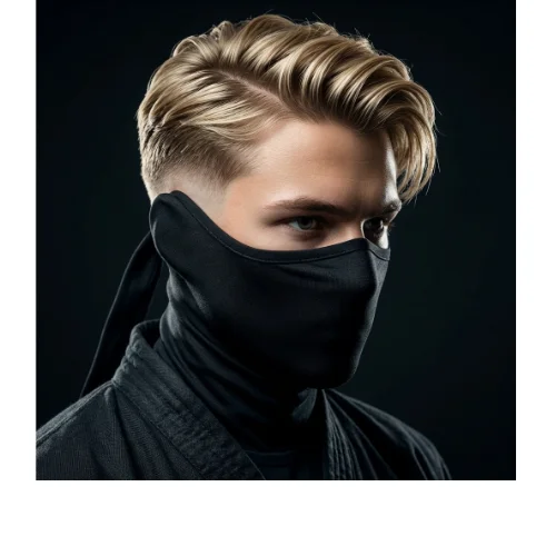 Man with voluminous hair on top and a clean low taper fade on the sides, inspired by a ninja-style look for a bold and modern appearance.
