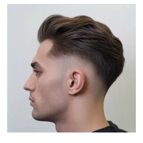 Side view of Young man with a mid fade and a pompadour hairstyle, featuring clean blended sides and a voluminous, swept-back top.