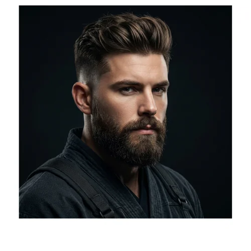 Man with a beard and a clean low taper fade haircut, paired with a ninja-inspired hairstyle on top for a modern and sharp look.