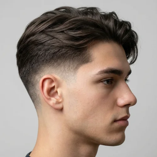 Side profile of a man with a low taper fade haircut, showing a smooth gradual fade around the ears with longer swept-back hair on top.