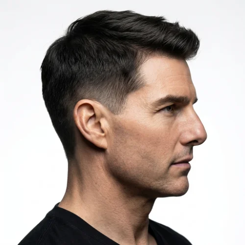 Side profile of a man with short straight hair and clean taper fade, neatly blended sides with natural volume on top