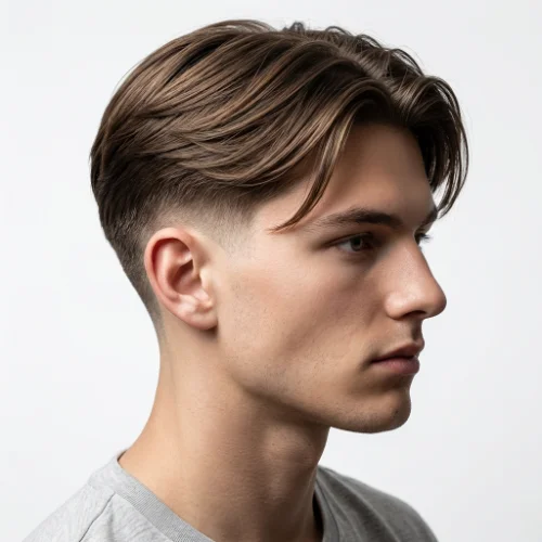 Side profile of a man with straight middle part hairstyle and clean low taper fade, smoothly blended sides with soft layered top