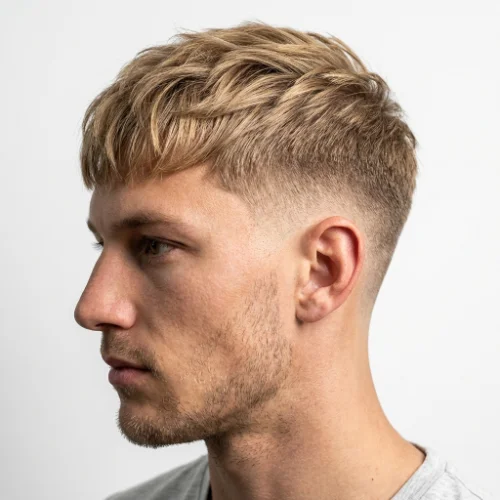 Textured fringe with taper for men featuring a layered fringe on the front and clean tapered sides