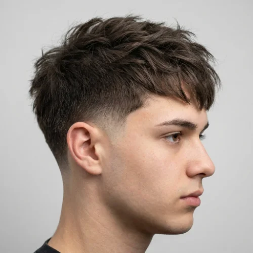 Side profile of a young man with messy textured top and clean low taper fade, softly blended sides with natural volume