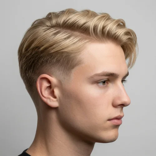 Blonde straight hair with taper for men featuring smooth blonde hair on top and clean tapered sides