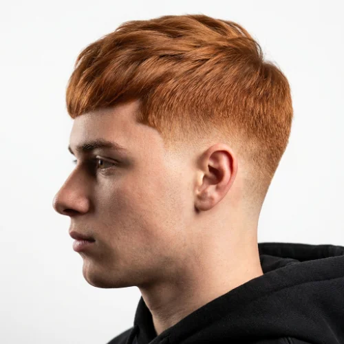 Ginger hair with taper fade for men featuring natural ginger hair on top and clean faded sides