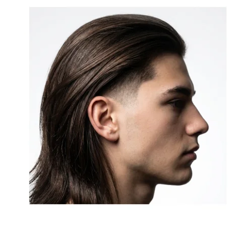 Side profile of a man with  long straight hairstyle with taper fade and smooth natural texture