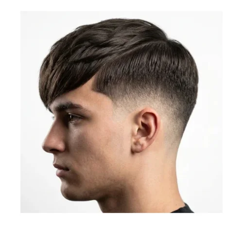 Side profile of a young man with straight side-part hairstyle and clean low taper fade, smoothly blended sides with natural texture on top