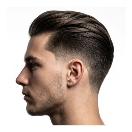Side profile of a man with straight slicked back hair and clean low taper fade, smoothly blended sides with natural shine and light stubble