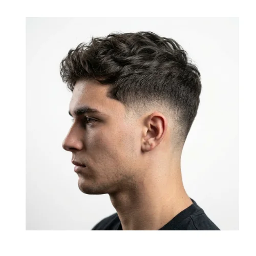 Low taper wavy hair for men featuring natural waves on top and clean tapered sides