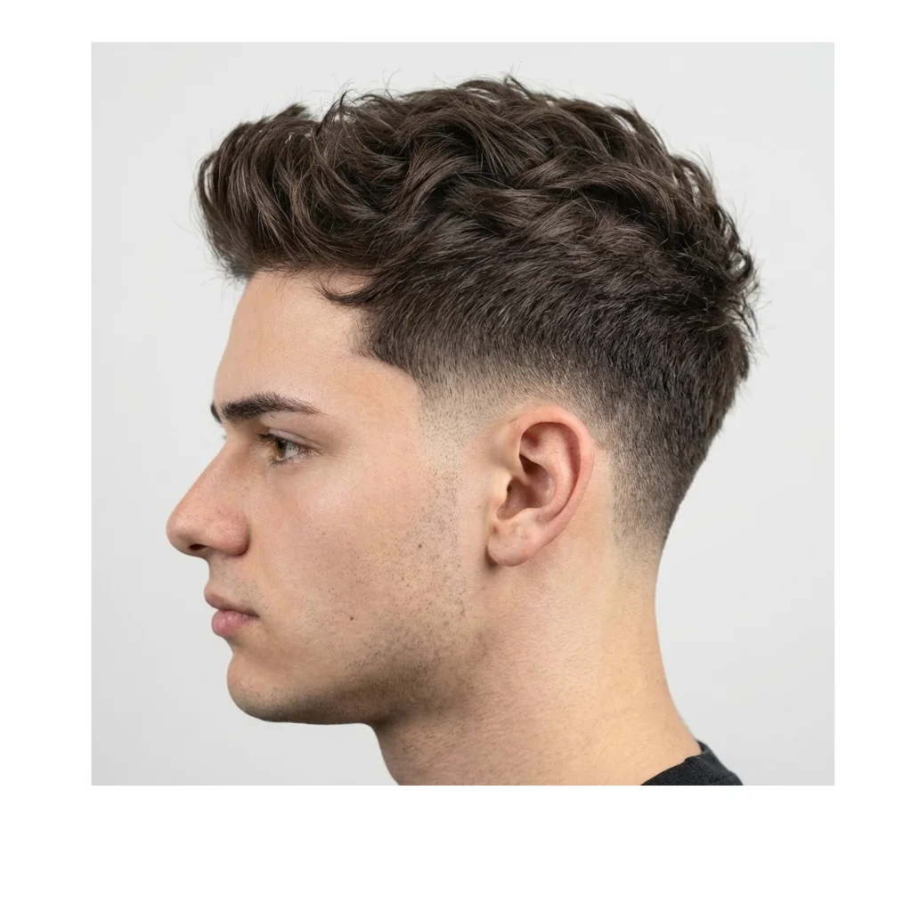 Side profile of a man with wavy textured hair on top and a clean low taper fade on the sides, creating a modern and stylish men’s haircut against a light background.