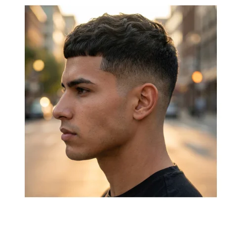 Short low taper fade wavy hair for men with natural waves and clean tapered sides