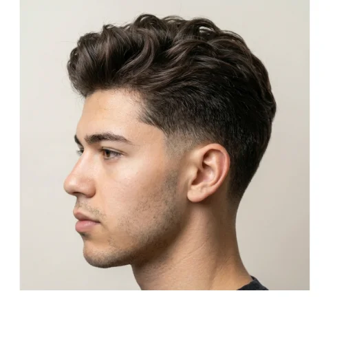 Blowout wavy fade for men with voluminous wavy hair on top and clean faded sides