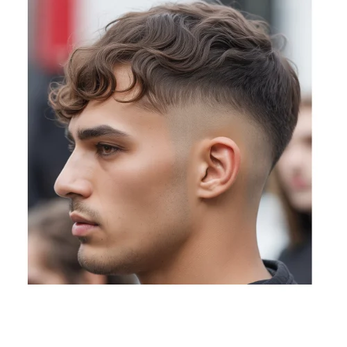 Wavy fringe low taper fade for men with textured waves on the front and clean tapered sides