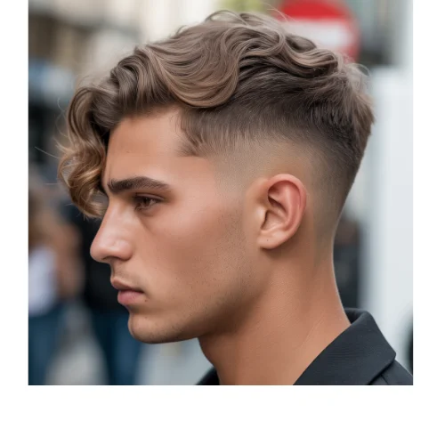 Middle part wavy fade for men with natural waves and clean faded sides