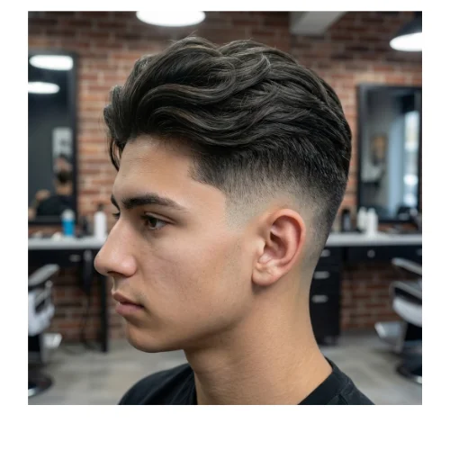 Wavy comb over fade for men with natural waves on top and clean faded sides