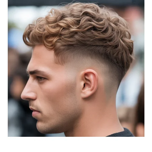 Men’s fluffy low taper fade with wavy hair and natural volume on top