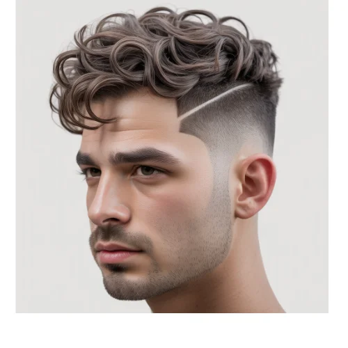 Thick wavy taper fade for men with dense natural waves on top and clean tapered sides