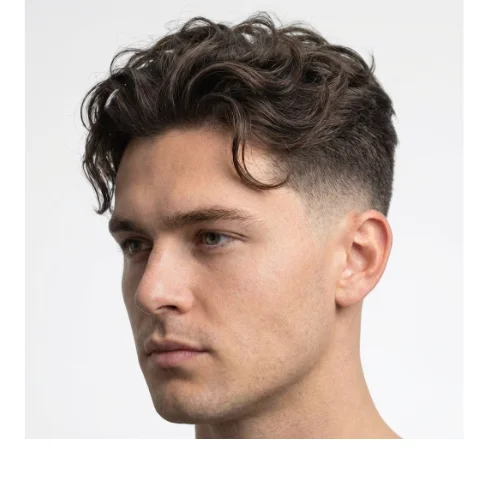 Side profile of a man with Wavy textured top with clean low taper fade hairstyle