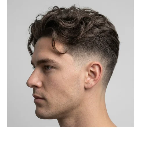 Thin wavy taper fade for men with dense natural waves on top and clean tapered sides