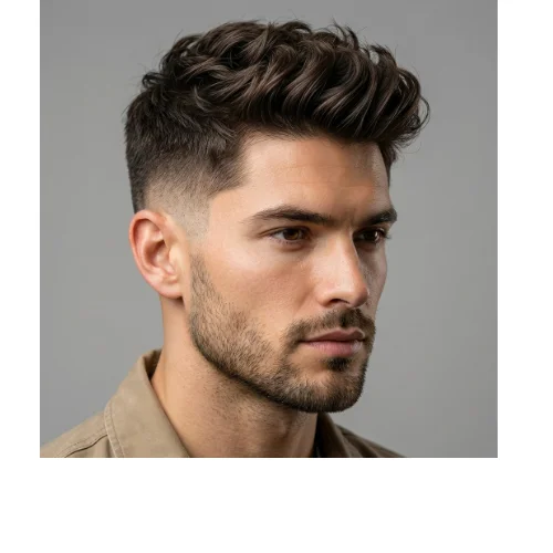 Modern wavy taper fade for men with natural waves on top and clean tapered sides