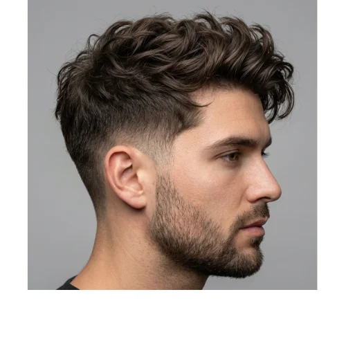 Fade haircut with layered wavy hair featuring natural volume on top