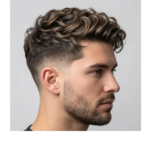 Wavy low taper fade with highlights for men featuring natural waves on top and clean tapered sides