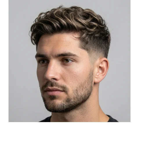Men’s natural wavy taper fade hairstyle with soft wave texture and smooth taper