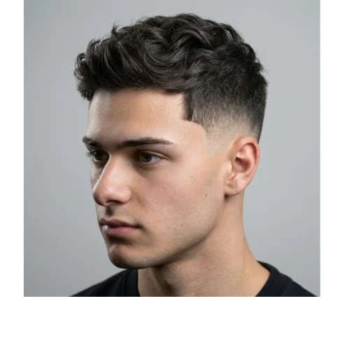 Temple low taper fade wavy hair for men with natural waves on top and clean tapered temple fade