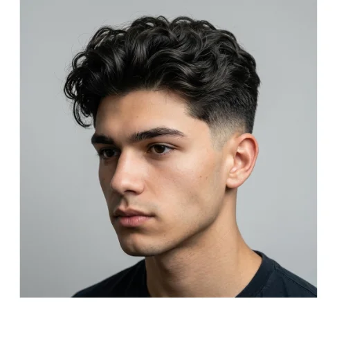 Curly wavy fade for men with natural curls and waves on top and clean faded sides