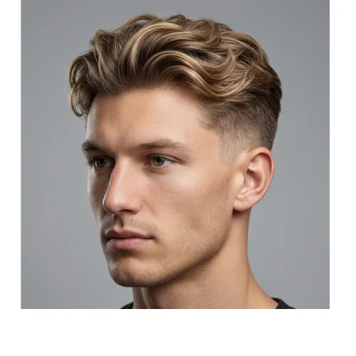 Trendy low taper fade wavy hair for men with natural waves on top and clean tapered sides