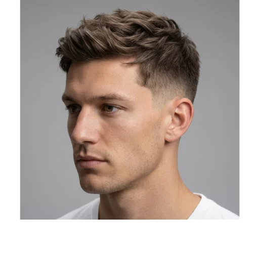 Close-up side view of a man with a low taper fade haircut, featuring a smooth gradual fade on the sides with thick textured wavy hair on top.
