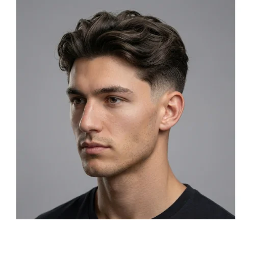 Wavy hairstyle for men with taper fade and natural wavy texture on top