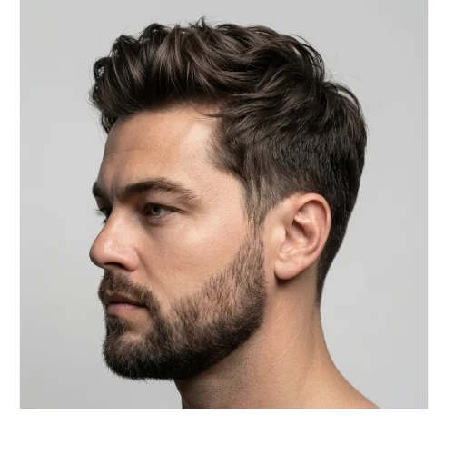 Stylish layered hairstyle for men with textured layers and natural volume on top