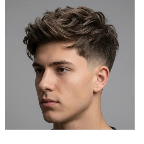 Trendy layered hairstyle for men with textured layers and natural volume on top