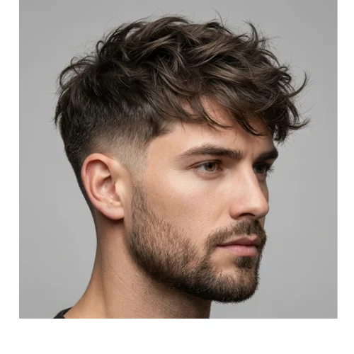 Shag style haircut for men with taper fade and messy layered texture