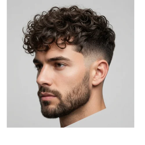 Low Taper Fade Curly  Layered Hair men haircut with defined curls and beard