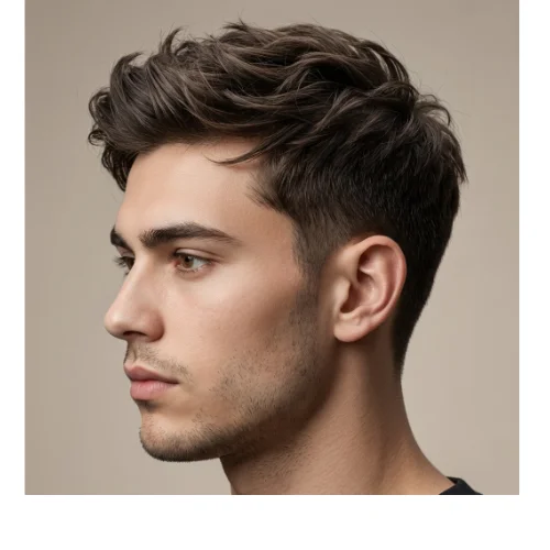 Layered haircut with textured top for men featuring soft layers and natural volume