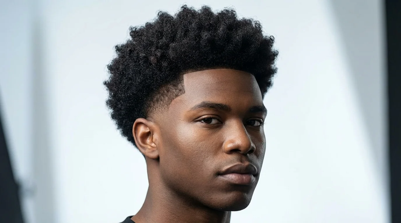 Low Taper Fade Afro Black Hair men hairstyle with curly afro top