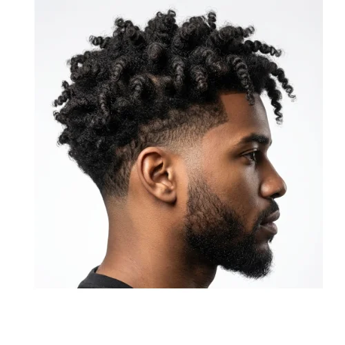 Low Taper Fade Afro with twists featuring natural twisted curls on top and clean tapered sides